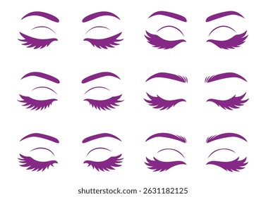 Female eyes and eyebrow vector set with closed lashes, eyeliner, beauty and makeup flat hand draw