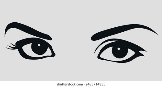 Female eyes with eyebrows. Vector on gray background