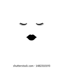Female eyes with eyelashes and lips vector icon. Pretty woman lips and closed eyes black illustration.