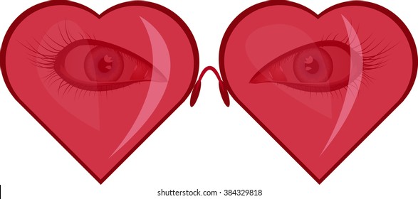 Female eyes in glamorous sunglasses. Glass heart shape . Vector illustration .