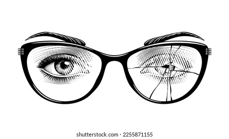 Female eyes in glasses with a broken glass. Vintage engraving stylized drawing. Vector illustration