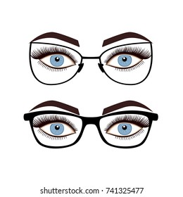 Female eyes with glasses isolated on white background, vector illustration.