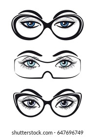 Female eyes with glasses set isolated on white background. Vector illustration