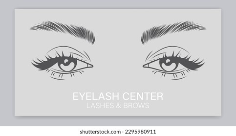 Female eyes with long eyelashes and eyebrows. Beauty logo for eyelash and eyebrow center. Logo, business card, vector