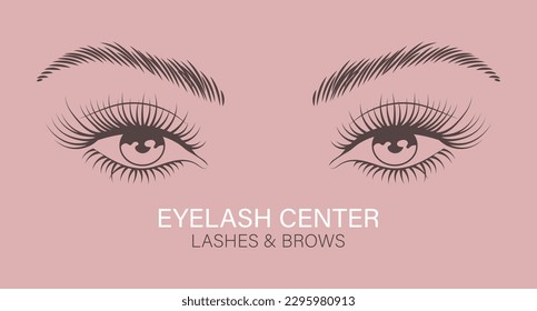 Female eyes with long eyelashes and eyebrows. Beauty logo for eyelash and eyebrow center. Logo, business card, vector