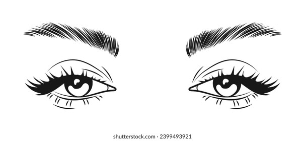 Female eyes with long eyelashes and eyebrows. Female languid look. Beauty logo, illustration, vector