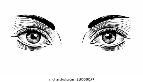 female eyes look at me, drawn vector, white background