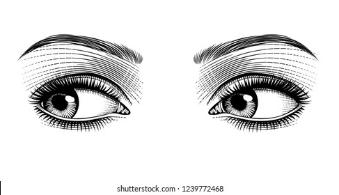 Female eyes looking away. Vintage engraving stylized drawing. Vector illustration