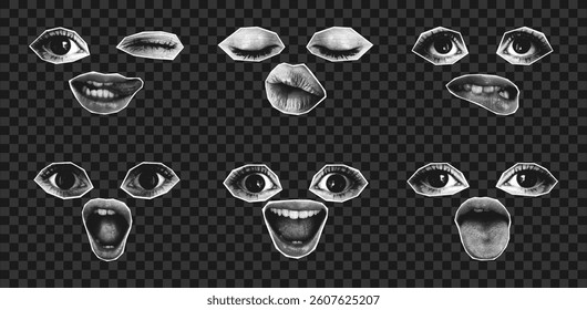 Female eyes and mouth combined into one portrait or avatar in collage style with halftone effect. Set of halftone girl faces with different emotions. Vector illustration.
