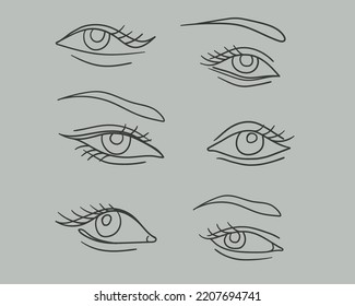 Los ojos femeninos marcan la ilustración vectorial. Ojos puestos en gris. Colección de iconos de la línea de ojos de moda