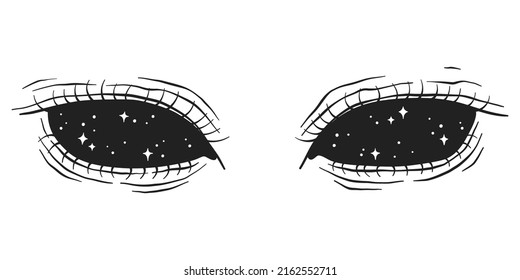 Ojos femeninos con espacio dentro. Arte místico espiritual. Ilustración abstracta conceptual vectorial de los ojos con cielo oscuro y estrellas. Diseño moderno, dibujo de tatuajes o impresión a la moda