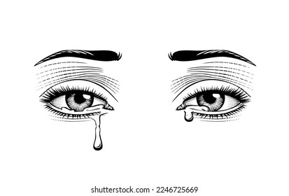 Ojos femeninos llorando con lágrimas aisladas en blanco. Dibujo estilizado de grabado de época. Ilustración del vector