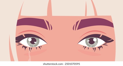 Ojos femeninos llorando ojos con lágrimas. Retrato de mujer rubia deprimida llorando por el dolor. Anuncio Horizontal. Ilustración plana de Vector