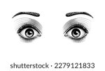 Female eyes wide open in fear or surprise isolated on white. Vintage engraving stylized drawing. Vector illustration