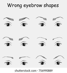 female eyes and wrong eyebrows,  vector elements. How to paint the eyebrows. Trendy makeup brows scheme. Vector illustration