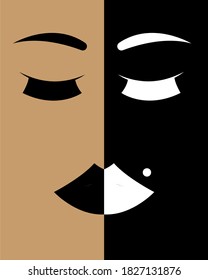 Cartel abstracto de la cara femenina. maquillaje permanente antes y después. Concepto de belleza. Afiche con una chica. Mujeres abstractas