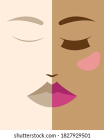 Female face abstract poster. Permanent makeup before and after. Beauty concept. Poster with girl. Abstract women