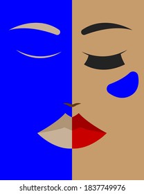 Abstraktes weibliches Gesicht-Poster. Dauerschminken vor und nach. Schönheitskonzept. Poster mit Mädchen. Abstrakte Frauen