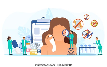 Female Face With Allergies And Acne. Concept Of Allergology Disease And Medical Treatment. Doctors Examining Red Spots, Giving Prescription, Making List Of Forbidden Food. Flat Vector Illustration