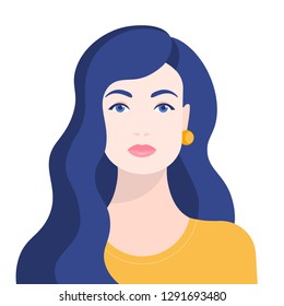 Female face. Avatar of a beautiful girl. Portrait of a model in bright colors. Vector flat illustration