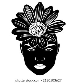Female face with beautiful flower as her hat. Creative concept. Gazania or African daisy. Black and white negative silhouette.