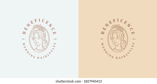 Female face with beautiful hairstyle logo template linear vector illustration. Beauty woman head elegant emblem design for cosmetics packaging or hairdresser line art style.
