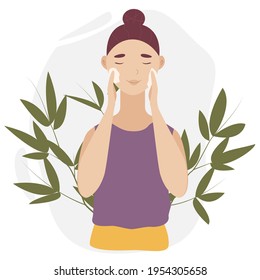 Female face and beauty cosmetic. Beautiful young woman applying cosmetic product. Skin care banner. skincare, treatment, relaxation. Stock Vector concept illustration, eps 10