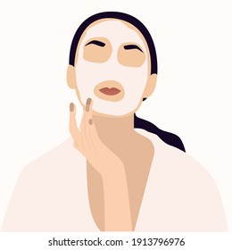 Cara femenina y máscara cosmética de belleza. Hermosa joven aplicando productos cosméticos. Cartel de cuidado de la piel. Máscara facial, cuidado de la piel, tratamiento, relajación. Escrito a mano. Ilustración de concepto de vector, eps 10