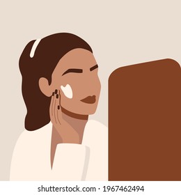 Female face and beauty cosmetic mask. Beautiful young woman applying cosmetic product. Skin care banner. Face mask, skincare, treatment, relaxation. Handdrawn. Vector concept illustration, eps 10