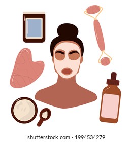 Female face and beauty cosmetic mask. Facial jade roller. Skin care banner. Face mask, skincare, treatment, relaxation. Self-care concept. Stock vector illustration