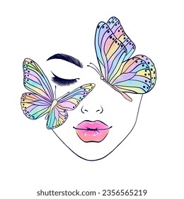 Female face and butterflies. Modern fashion illustration.