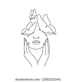 Female Face with Butterflies Trendy Line Art Drawing. Abstract Woman Face One Line Vector Illustration. Minimalistic Black Lines Drawing. Vector EPS 10	