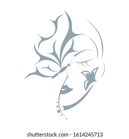 Female face with butterfly and flower. Abstract elegant logo for spa, salon, cosmetics.
