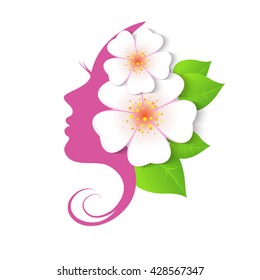 Female Face In Circle Shape. Woman With Flowers In Hair. Vector Beauty Floral Logo, Sign, Label Design Elements. Trendy Concept For Beauty Salon, Spa, Natural Cosmetics, Youth And Beauty, Lady