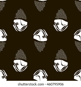 Female face with a closed lower half. White silhouette on a black background. Text. Typography. Vector. Illustration.