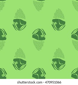 Female face with a closed lower half. Green silhouette on a green background. Text. Typography. Vector. Illustration. Seamless pattern. Fabric. Packing.