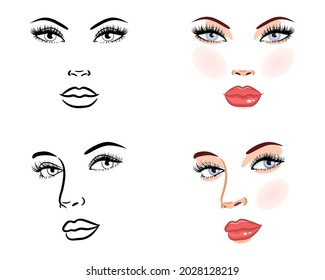 Female face close-up. Vector illustration of beautiful women faces, isolated on white background. Beauty logo design element.