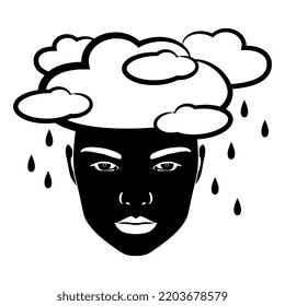Female face in cloud hat with rain drops. Creative concept. Black and white silhouette.
