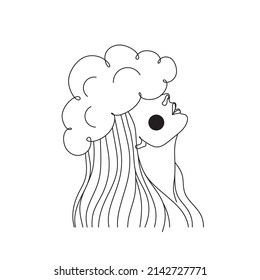Female face with cloud Linear art. Elegant female beauty logo. Abstract face with cloud with one line. Minimalistic style portrait. Natural print. Nature symbol of cosmetics.