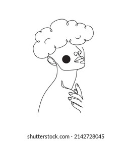 Female face with cloud Linear art. Elegant female beauty logo. Abstract face with cloud with one line. Minimalistic style portrait. Natural print. Nature symbol of cosmetics.
