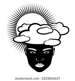 Female face with clouds as her hat and a shining sun. Black and white silhouette. Creative funny environmental concept.