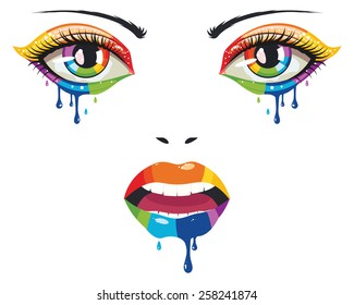 Female face with colorful eyes and lips with melting paint.