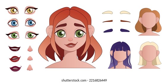 Female face construction with different head parts on white back