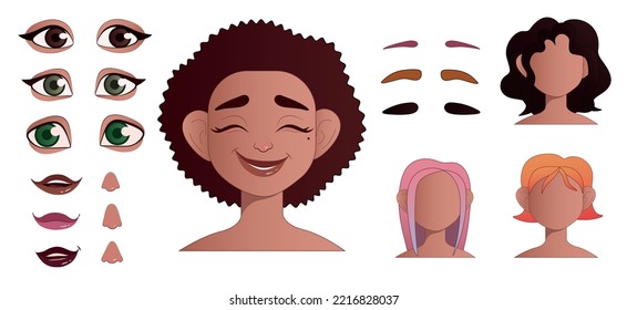 Construcción de la cara femenina con diferentes partes de la cabeza sobre la espalda blanca