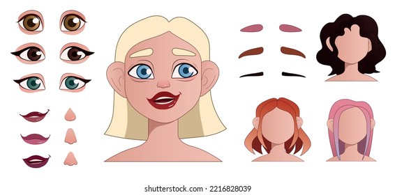 Female face construction with different head parts on white back