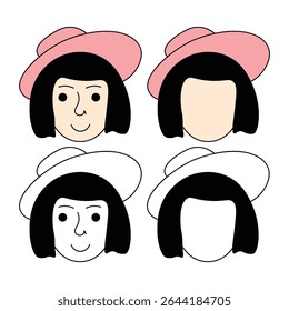 A female face is a construction kit. A children s coloring book with a picture of a woman s head in a hat. The vector illustration is highlighted on a white background.
