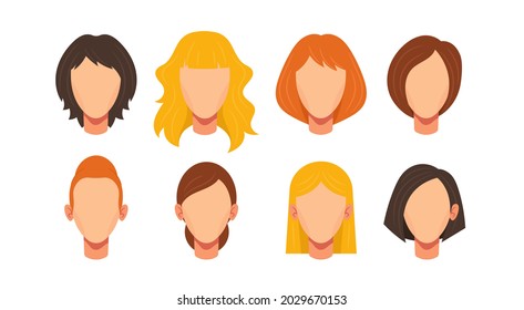 Female Face Constructor, Avatar of Caucasian Woman Character Creation Heads with Different Hairstyle and Hair Colors Blond, Brown or Ginger. Facial Elements for Construction. Cartoon Vector, Set