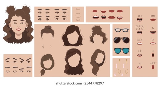 Female face constructor, avatar of woman character creation hairstyle, nose, eyes with eyebrows and lips. Cartoon set suitable for animation and lip sync speaking.	