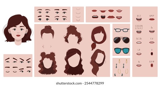 Constructor de cara femenina, avatar de la creación de personajes de mujer peinado, nariz, ojos con cejas y labios. Conjunto de dibujos animados adecuado para animación y sincronización de labios hablando.	