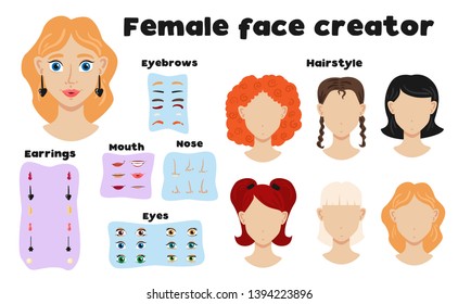 Female face constructor set of eyebrows hairstyle nose mouth eyes elements to create girl face flat vector illustration